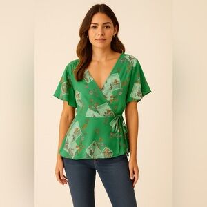 Meadow Rue (Anthropologie) Green Printed Wrap Top | Flutter Sleeves | Size M/L